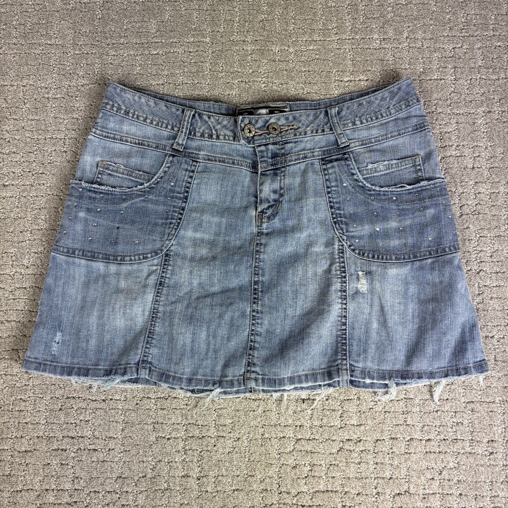 Vintage Y2K R4R Rave 4 Real Rhinestone Denim Mini Micro Skirt Size 9 Distressed